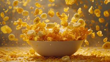 Healthy breakfast concept with banana and corn flakes photo