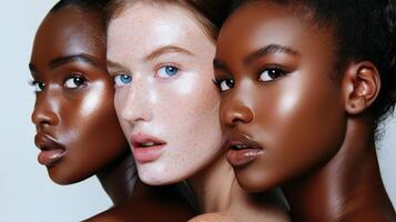 Several stunning women of different nationalities, makeup, looking at camera, posing together on isolated beige background. photo