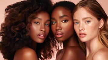 Several stunning women of different nationalities, makeup, looking at camera, posing together on isolated beige background. photo