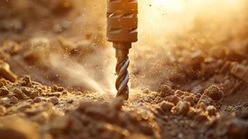 Close-up image of drilling and digging the ground with a power-saving machine. photo
