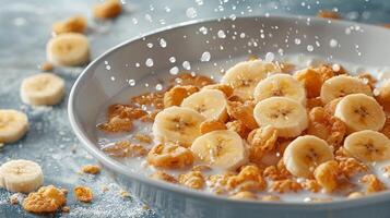 Healthy breakfast concept with banana and corn flakes photo