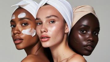 Several stunning women of different nationalities, makeup, looking at camera, posing together on isolated beige background. photo
