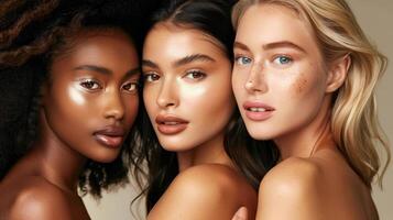 Several stunning women of different nationalities, makeup, looking at camera, posing together on isolated beige background. photo