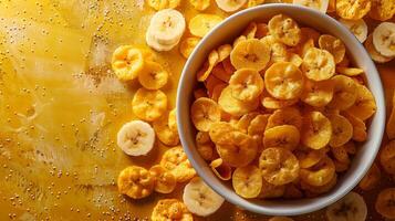 Healthy breakfast concept with banana and corn flakes photo