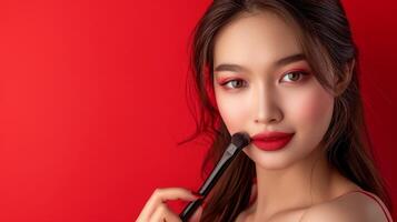 Portrait of a beautiful woman doing makeup on a red background photo