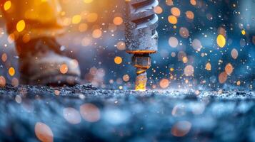 Close-up image of drilling and digging the ground with a power-saving machine. photo