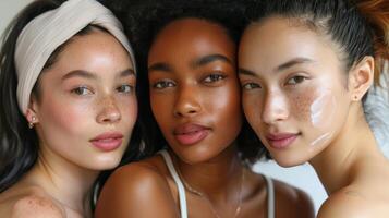 Several stunning women of different nationalities, makeup, looking at camera, posing together on isolated beige background. photo