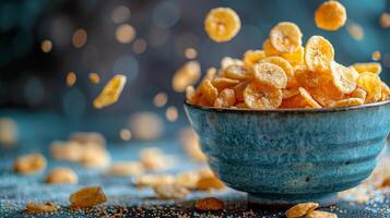 Healthy breakfast concept with banana and corn flakes photo