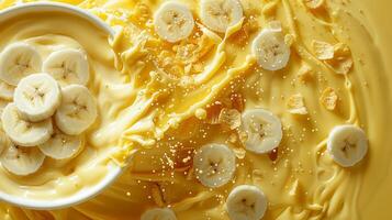 Healthy breakfast concept with banana and corn flakes photo
