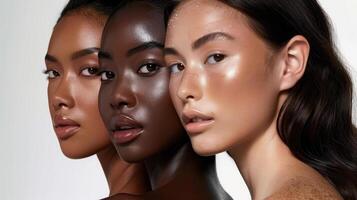 Several stunning women of different nationalities, makeup, looking at camera, posing together on isolated beige background. photo