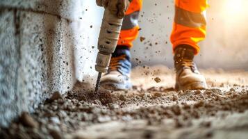 Close-up image of drilling and digging the ground with a power-saving machine. photo