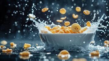 Healthy breakfast concept with banana and corn flakes photo