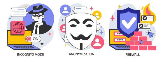 Data privacy set. Cyber or web security . Database safety of a digital device. vector