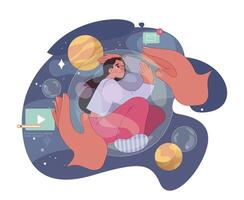 Loneliness. Unhappy person, astronaut left alone in space. Character vector
