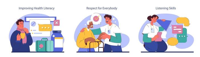 Humanizing healthcare set. Modern hospital and physician approach vector