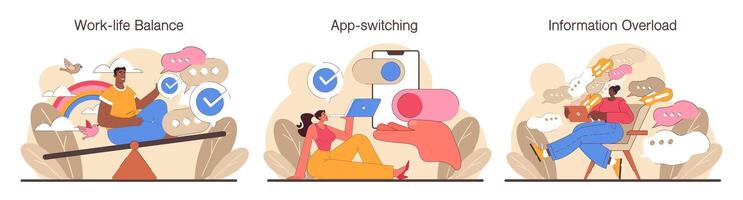 Digital multitasking set. Effective and competent office worker media vector