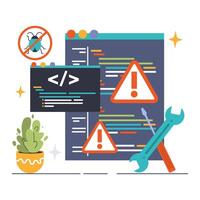 Software testing. Code testing and debugging. IT specialist searching vector