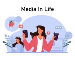 Woman using digital devices for media. Character consuming the content vector
