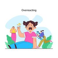 Overprotective parenting. Child cries dramatically over a small vector