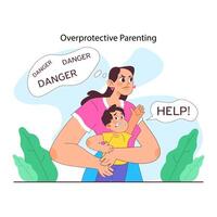 Overprotective parenting. Anxious mother shields a scared child, seeing threats vector