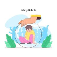 Overprotective parenting. Child enclosed in a clear bubble vector