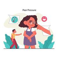 Peer pressure concept. Young girl being pointed at and teased, with insulting vector