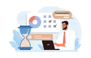 Hyperfocus. Focus and concentration skill. Self-discipline and time vector