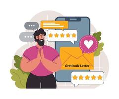 Gratitude latter. Grateful and thankful character sending or receiving vector
