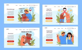 Child cancer web banner or landing page set. Little kid getting vector