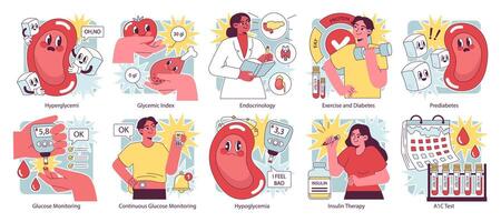 Diabetes set. Measuring sugar blood with glucometer. Glucose monitoring, vector