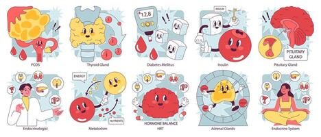 Endocrine system organs and disease set. Human glands function. Pituitary vector