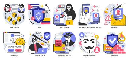 Data privacy set. Cyber or web security . Database safety of a digital device. vector