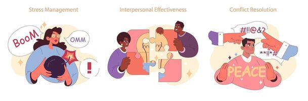Emotional intelligence set. Diverse young characters soft social skill vector