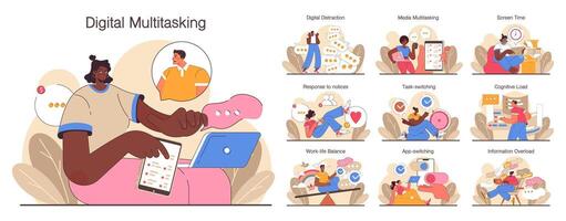 Digital multitasking set. Effective and competent office worker media vector