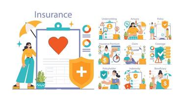 Insurance set. Idea of security and protection of life and property. vector