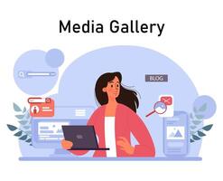 Woman using digital devices for media. Character consuming the content vector