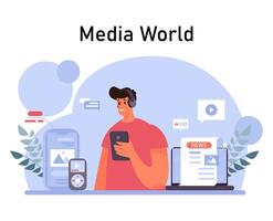 Woman using digital devices for media. Character consuming the content vector