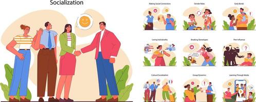 Socialization set. Communication skill development. People interacting, vector