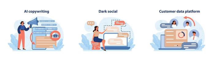 Digital marketing set. Marketing strategy development innovative techniques, vector