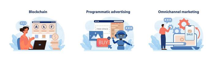 Digital marketing set. Marketing strategy development innovative techniques, vector