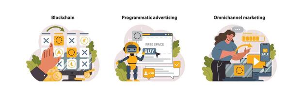 Digital marketing set. Marketing strategy development innovative techniques, vector