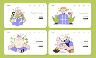Senior life milestones web banner or landing page set. Getting old and maturing vector