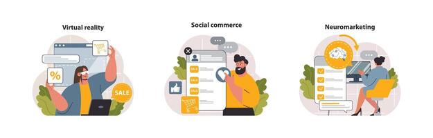 Digital marketing set. Marketing strategy development innovative techniques, vector