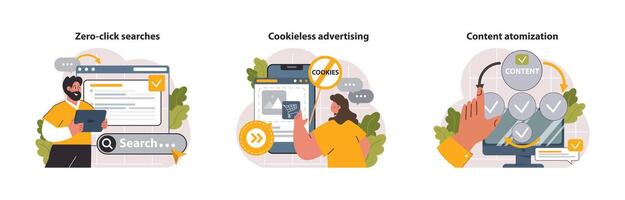 Digital marketing set. Marketing strategy development innovative techniques, vector