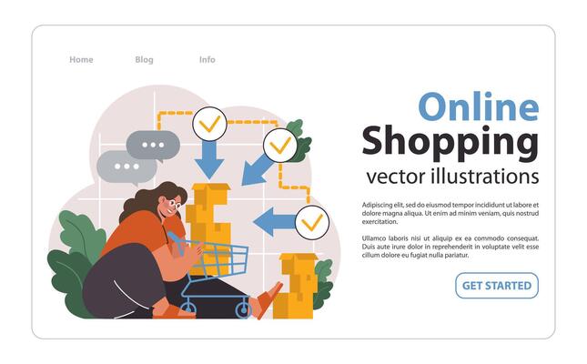 E-commerce set. Online shopping, character purchasing goods on a website
