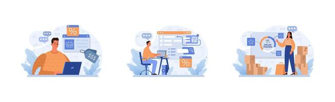 E-commerce set. Online shopping, character purchasing goods on a website vector