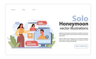 Solo travel or honeymoon online community web banner or landing page. vector