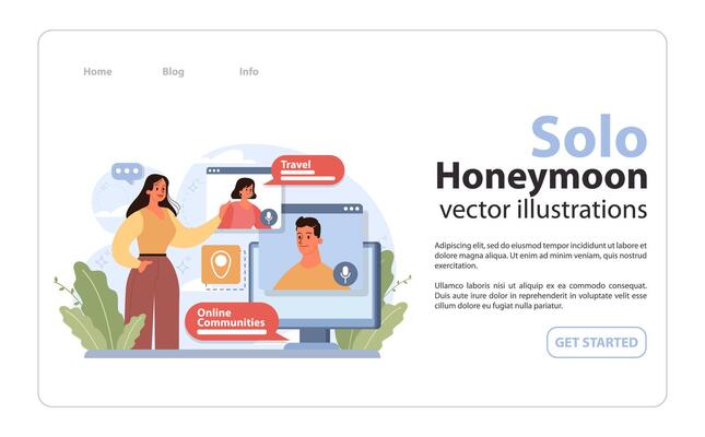 Solo travel or honeymoon online community web banner or landing page.