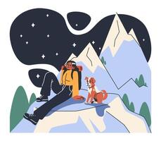 Mountaineering. Mountain climbers with backpacks during nature vector