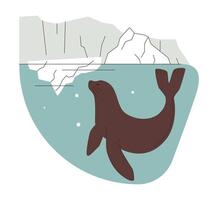 Global warming. Arctic seal in the water. Iceberg and glacier melt. vector